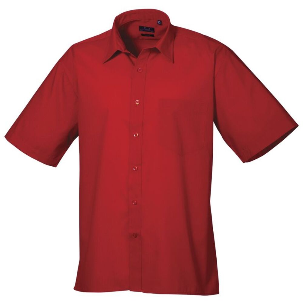 Premier Mens Short Sleeve Formal Poplin Plain Work Shirt / Red